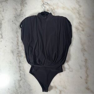 Express Black Draped Shoulder Pad Cutout Back Bodysuit Womens XS New NWT